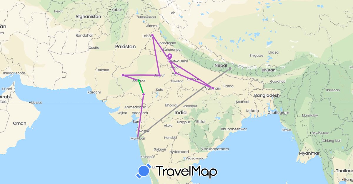 TravelMap itinerary: bus, plane, train in India, Nepal (Asia)